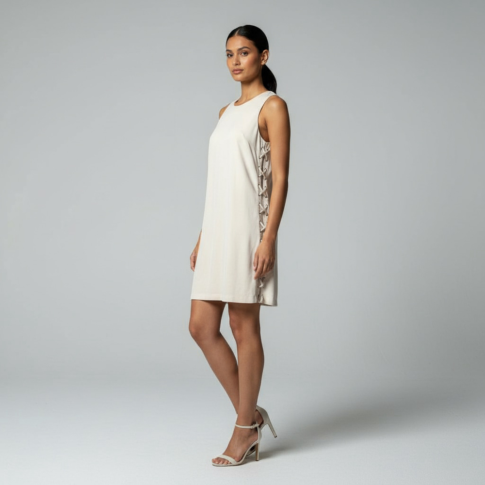 Lulu’s Cream Ivory Sleeveless High Neck Lace Up Side Tie Mini Dress Size Medium